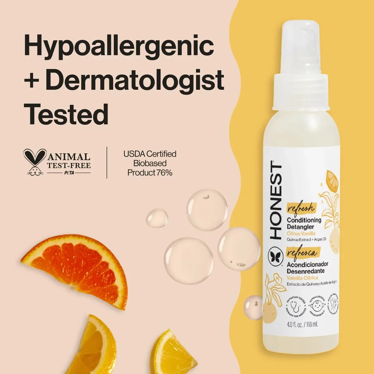 The Honest Company Refresh Conditioning Detangler - Citrus Vanilla - 4 fl oz: Sulfate-Free, Paraben-Free, All Hair Types, Daily Spray