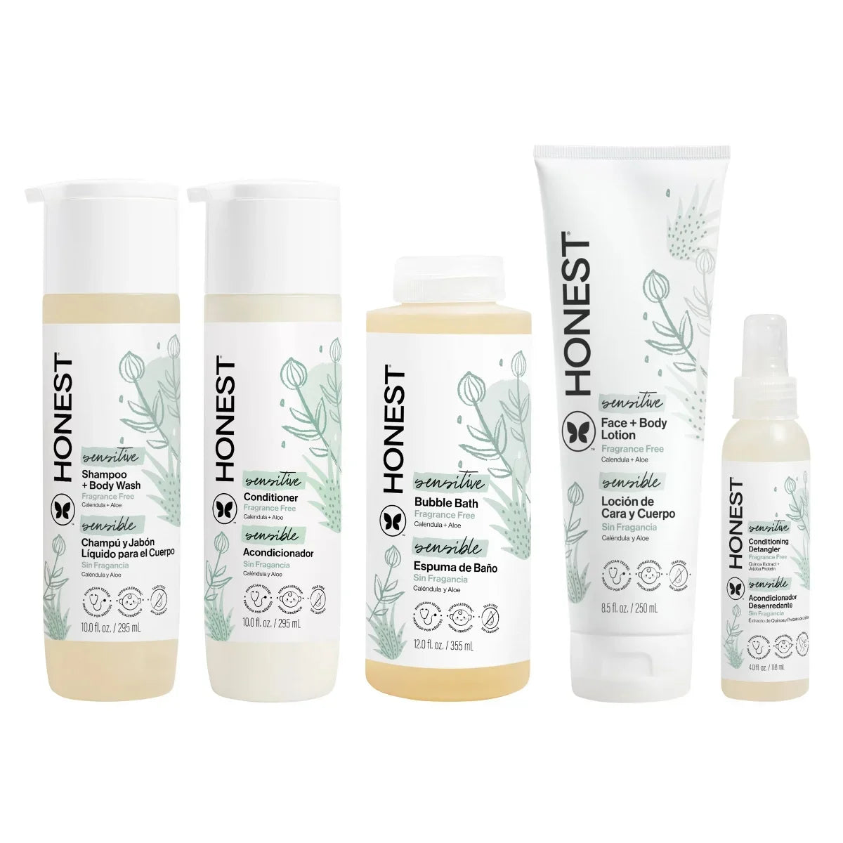 The Honest Company Sensitive Conditioner10 fl oz + Face & Body Lotion8.5 fl oz + Bubble Bath12 fl oz + Detangler4 fl oz + Shampoo + Body Wash 10 fl oz